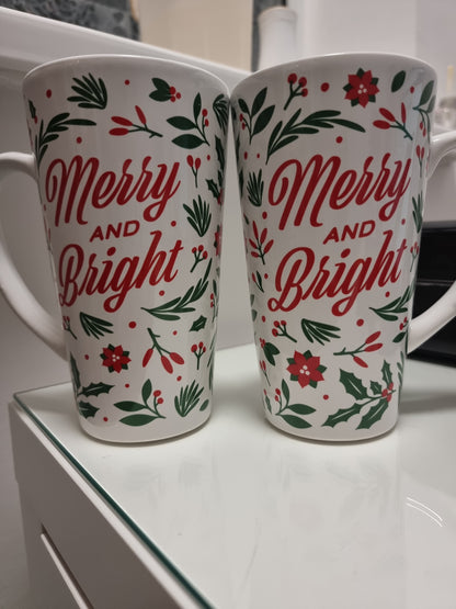 Set of Two Merry and Bright Mugs Christmas Large Tall Mugs